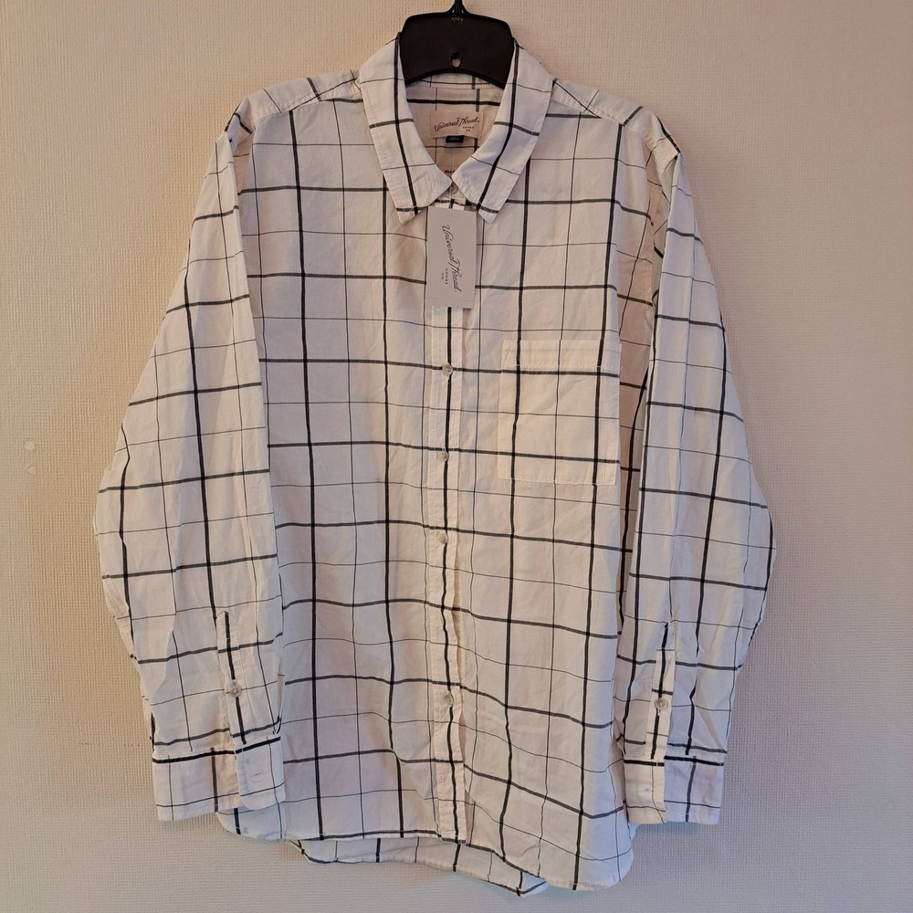 Universal Thread Button Down Womens L Cream New Plaid‎ Cotton 1045-200-B45